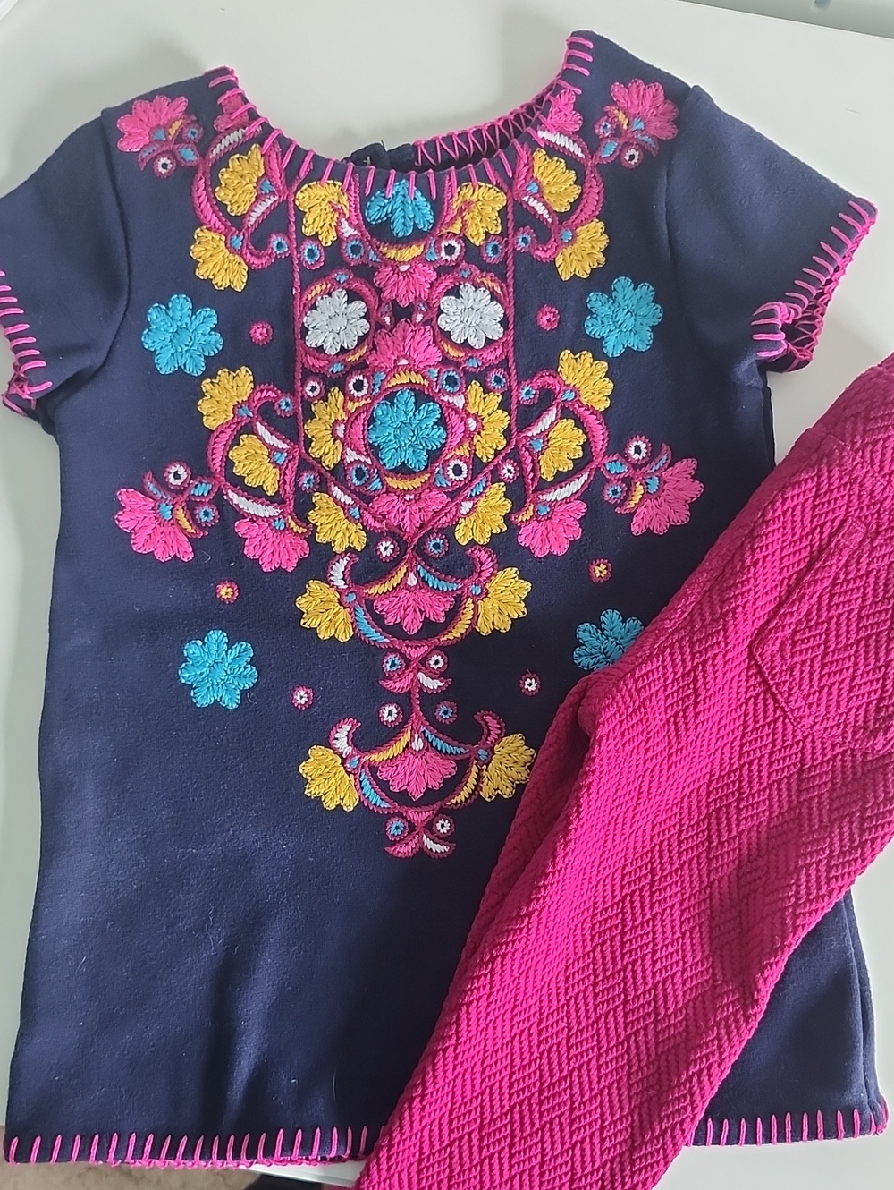 Girls Navy Embroidered Floral Dress with Pink Accents
